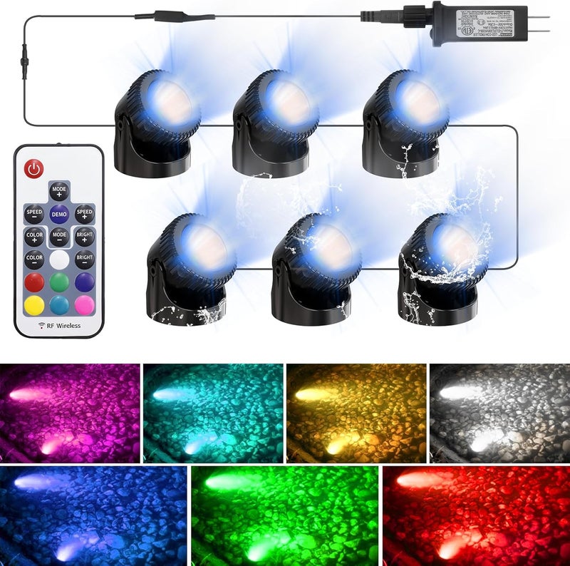 Srygery RGB Underwater Pond Lights, 20 Colors Dimmable Submersible Led Fountain Lights with Timer, IP68 Waterproof with Remote Control for Outdoor Ponds Aquarium Garden Pool (Set of 6) - Image 1